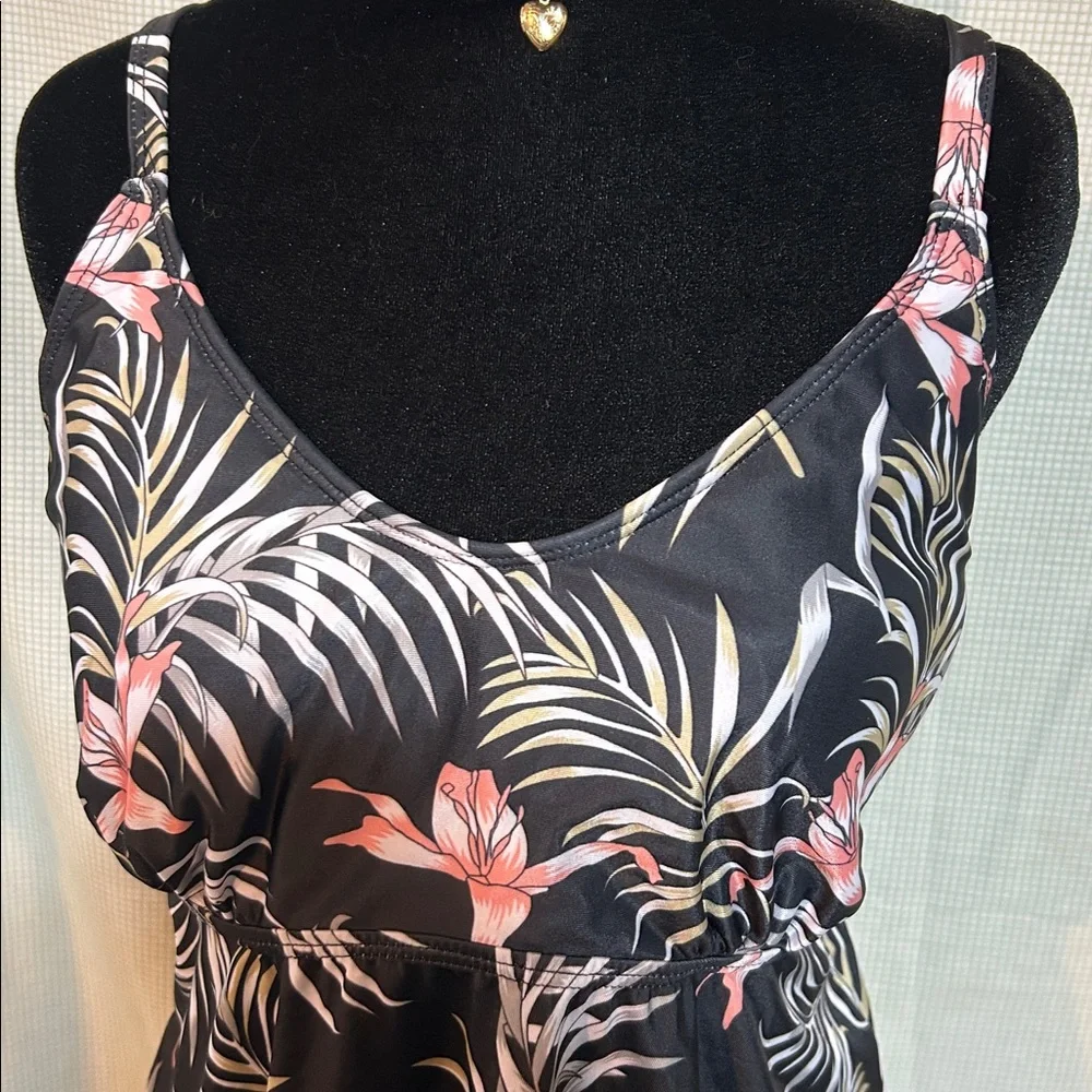 Swim Top Black Tropical Floral Adjustable Spaghetti Strap swimsuit Top Large